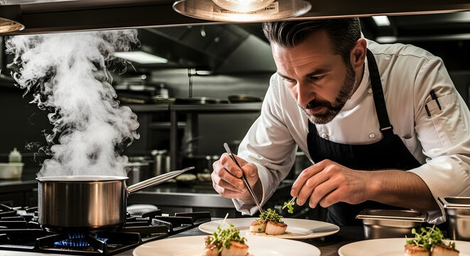 Professional male chef meticulously plating a gourmet seafood dish with tweezers in a bustling high-end restaurant kitchen