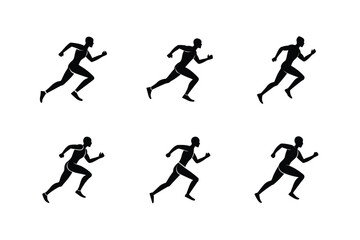 running man silhouette design set, running athlete silhouette art set, jogger man black silhouette set, marathon runner silhouette vector set, fitness running man outline set