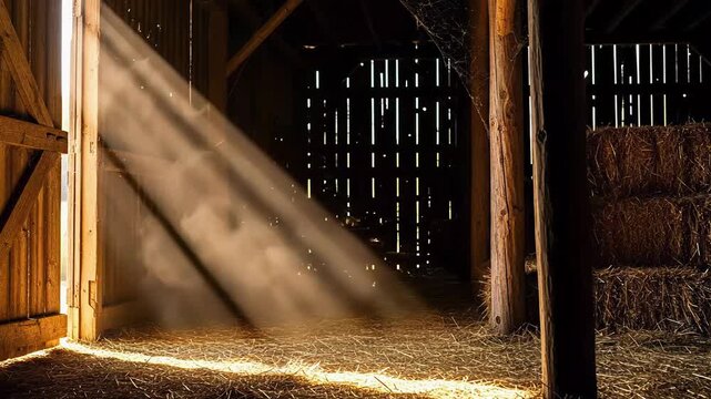 Sunlight streaming through open barn door illuminating hay  