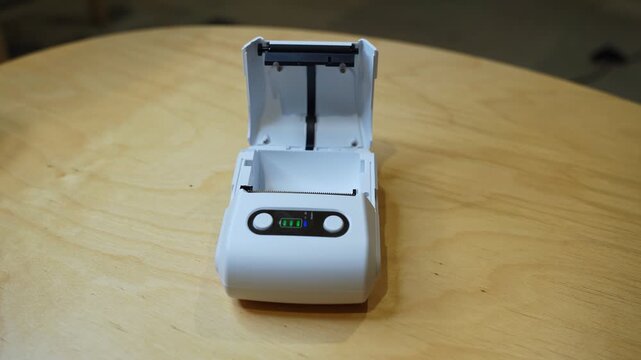 Close-up of hands inserting thermal paper into compact mobile printer on a desk, ideal for retail, shipping, or tech use.