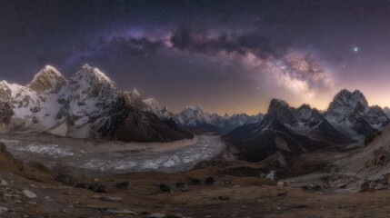 Fototapeta premium Snowy Himalaya mountain peaks under starlit sky with glowing Milky Way high resolution night landscape scene