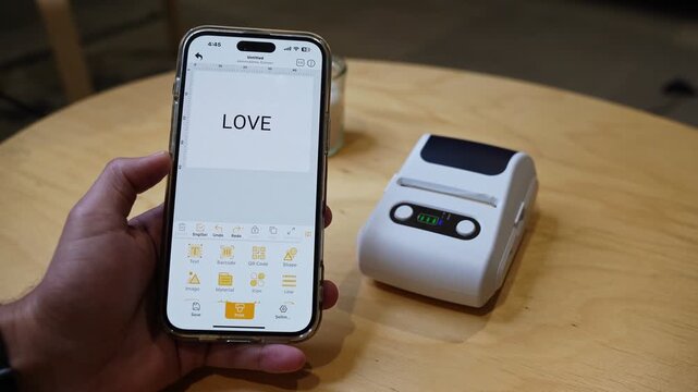 Close-up of smartphone wirelessly printing the word &ldquo;LOVE&rdquo; on a portable mini thermal printer on a wooden desk.