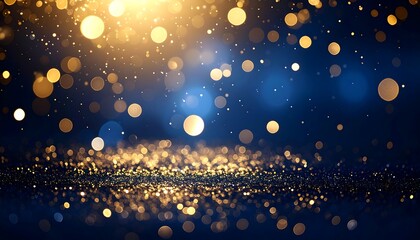 Sparkling abstract backdrop of golden and blue bokeh lights. Glittering particles illuminate a dark background with a dreamy glow