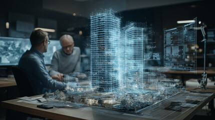 Architect Team Analyzes Holographic Skyscraper Blueprints in Studio
