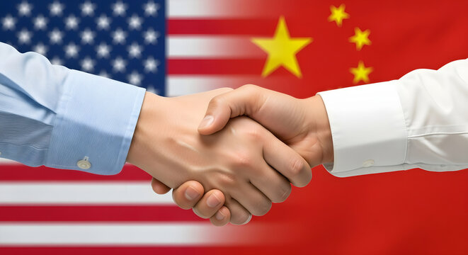 United States and China leaders shake hands symbolizing international business cooperation and diplomacy success.