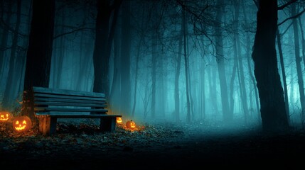 Mystic shadows: the looming presence of halloween. Visual balance. Chilling glow of jack o' lanterns in a spooky forest at sunset. Rule thirds. Large format.