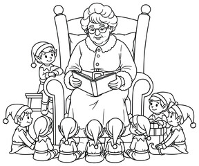 Mrs Claus vector illustration of an elderly woman reading a storybook to a group of cheerful Christmas elves sitting around her drawn in clean cartoon line art style