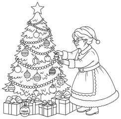 Mrs Claus vector illustration of an elderly woman decorating a Christmas tree with ornaments and garlands while surrounded by wrapped gifts drawn in clean cartoon line art style