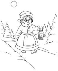 Mrs Claus vector illustration of an elderly woman in festive attire walking outdoors on a snowy path holding a lantern with pine trees around drawn in cartoon line art style