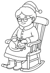Christmas illustration of Mrs Claus sitting in a wooden rocking chair while gently petting a happy cat resting on her lap in a cozy holiday scene