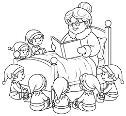 Grandmother vector illustration of an elderly woman sitting on a bed and reading a storybook to a group of cheerful Christmas elves gathered around her