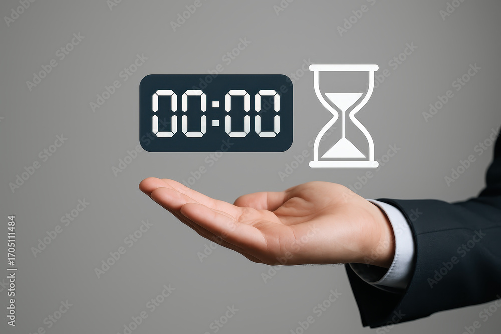 Poster virtual scheduling and business time management concept with digital clock and hourglass icon above 