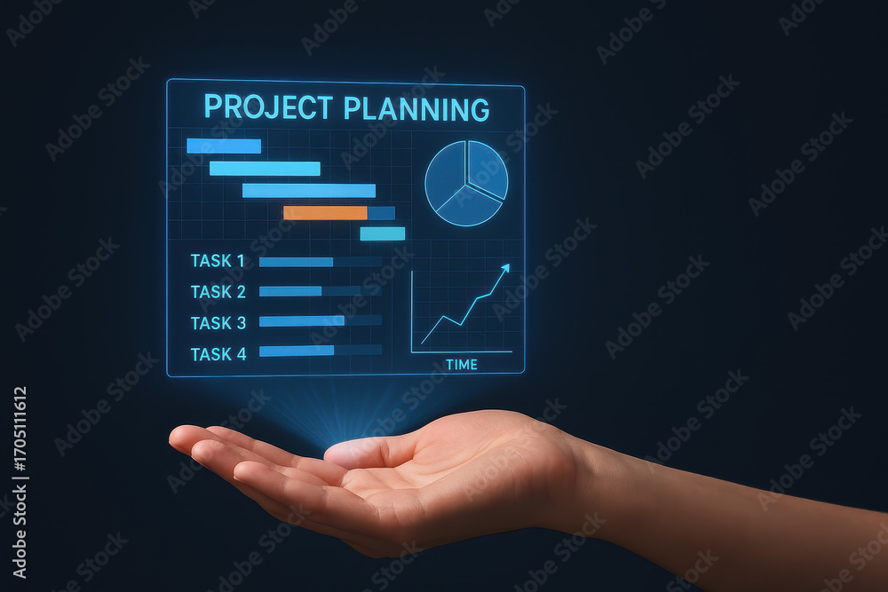 Aufkleber virtual scheduling and business time management concept with digital project planning interface show