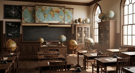 An empty vintage classroom from the early 20th century with globes and maps.