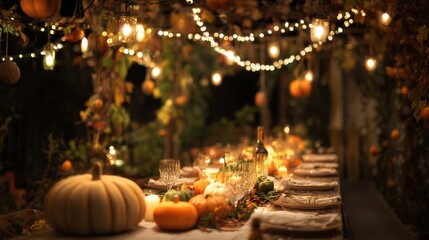 Thanksgiving outdoor garden dinner with string lights, long festive table decorated with pumpkins and warm seasonal atmosphere