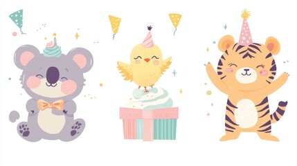 Fototapeta premium 48.Playful set of cartoon baby animals celebrating birthdays, including a sleepy koala with a cupcake, a giggling piglet wearing a bow tie, a fluffy chick popping out of a gift box, and a cute tiger