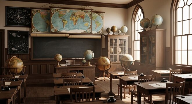 An empty vintage classroom from the early 20th century with globes and maps.