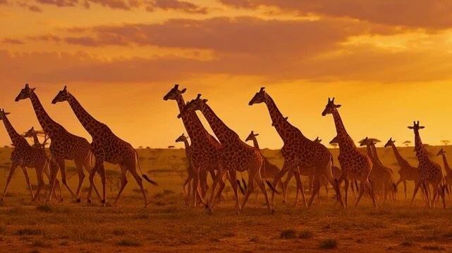 Giraffes walking across African savanna at sunset, wildlife herd movement in golden light, tall mammal silhouettes in natural habitat, safari landscape, nature conservation, freedom and wilderness con