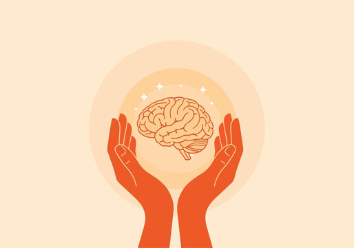 vector illustration of hands protecting a brain in a bubble for a World Mental Health Day concept of mental safety and self-care.