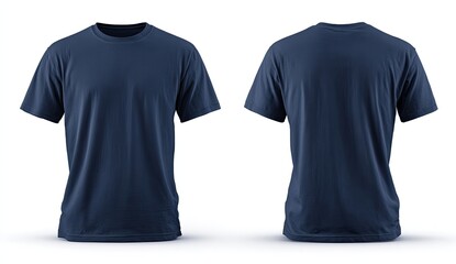 A navy blue, short-sleeved crew neck t-shirt displayed from front and back on a white background.  The shirt is plain and unadorned