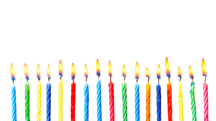 Colorful birthday candles in a horizontal row against a black background.  Each candle has a vibrant, multicolored striped design and a flickering flame