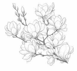 Magnolia flowers and branches simple line art coloring page, clipart with thin black lines on white background, no shadow, easy design for kids.