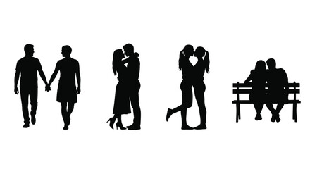Romantic silhouette collection diverse couples expressing love affection and connection in various poses vector