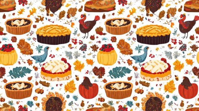 Thanksgiving seamless vector pattern with pies, turkeys, autumn leaves, acorns, festive seasonal harvest holiday design