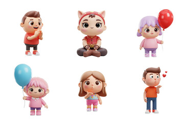 Obraz premium Collection of Six 3D Cartoon Figures with Balloons and Gestures on Transparent Background
