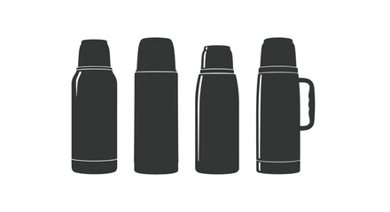 Four sleek black insulated flasks lined up isolated studio shot product photography vector