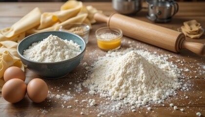 Rustic kitchen scene with ingredients for homemade pasta including flour, eggs, and rolling pin on wooden countertop