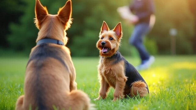 Unrecognizable animal trainer play with smart cheerful pet Deutscher Jagdterrier dog outside during summertime. Terrier carries out the command sit on grass lawn during summer. Pet humanization caregi