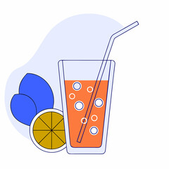 Flat Line Style Orange Juice Glass with Lemon and Leaves.