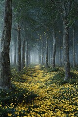 Fototapeta premium Mystic forest path, glowing flowers