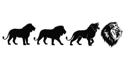 Majestic lion silhouettes and detailed head silhouette symbolizing strength and royalty vector