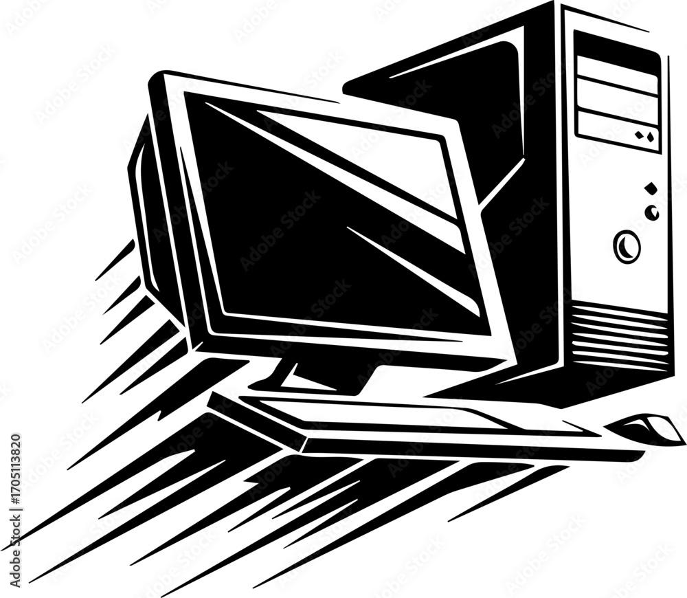 Fototapete dynamic computer setup with speed lines suggesting rapid performance and modern efficiency