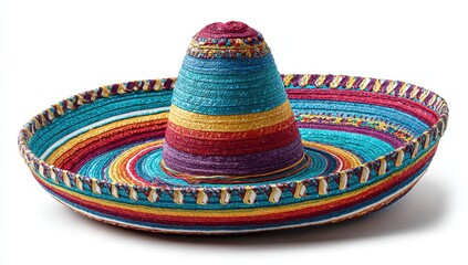 A vibrant, multicolored sombrero with a wide brim and a conical crown, crafted from woven straw.  Isolated on white