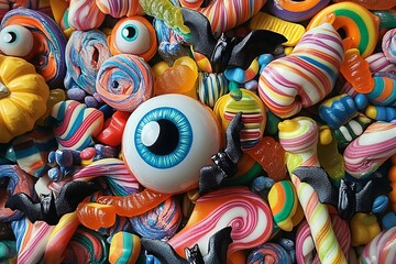 Obraz premium A vibrant assortment of Halloween candies piled together brightly.