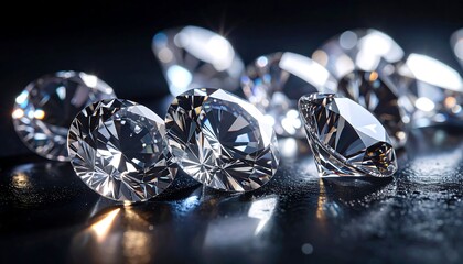 Sparkling, clear gemstones are scattered across a wet, black surface, catching the light and reflecting brilliance. Close up