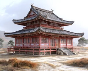 Obraz premium Ancient red two-tiered temple in a misty landscape with stairs