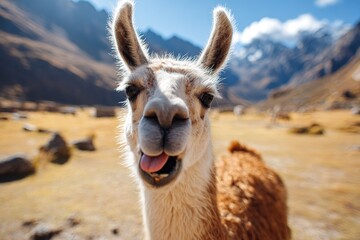 Obraz premium Playful llama in a mountainous landscape