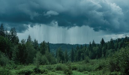Storm clouds over a lush forest