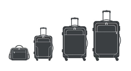 Set of four black rolling luggage pieces in graduating sizes against a white backdrop vector