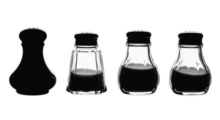 Four glass shakers and bottles filled with dark liquid for condiments or seasonings vector