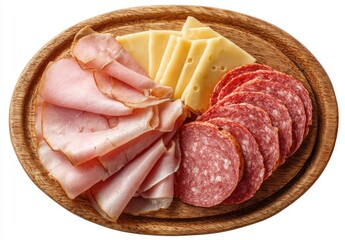 Oval wooden board showcasing thinly sliced ham, salami, and cheese arranged in sections