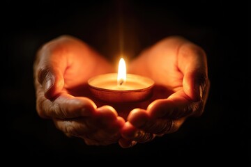 Hands hold a burning candle