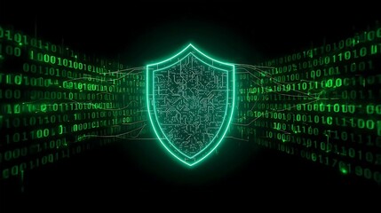 Futuristic Cyber Shield with Glowing Holographic Circuits and Binary Code. 