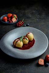 Indulge in a delicious dessert exquisitely crafted with fresh seasonal