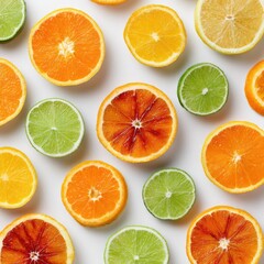 Fototapeta premium A vibrant flatlay showcasing cross-sections of various citrus fruits?oranges, lemons, limes, and blood oranges?arranged on a white background
