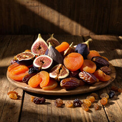 dried fruits on the table dried apricots, figs, dates, raisins, prunes